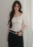 off shoulder blouse, ruffle trim blouse, feminine Korean top, court style blouse, waist cinching blouse, romantic summer top, light blue blouse, vintage inspired blouse, button front top, elegant off shoulder shirt, cotton blend blouse, Korean fashion top, dressy summer blouse, soft girl blouse, LaLuneDuCiel style top