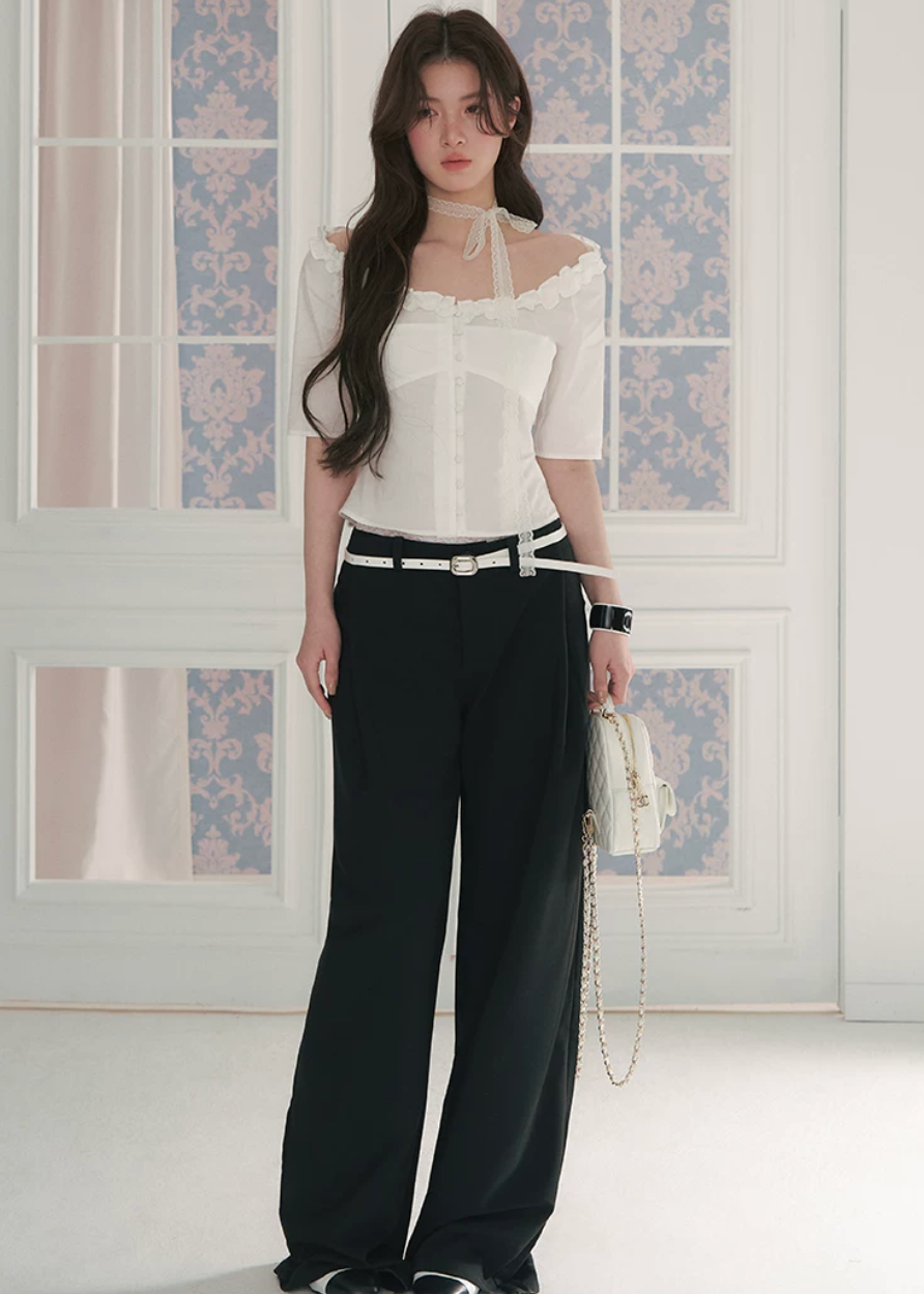 off shoulder blouse, ruffle trim blouse, feminine Korean top, court style blouse, waist cinching blouse, romantic summer top, light blue blouse, vintage inspired blouse, button front top, elegant off shoulder shirt, cotton blend blouse, Korean fashion top, dressy summer blouse, soft girl blouse, LaLuneDuCiel style top