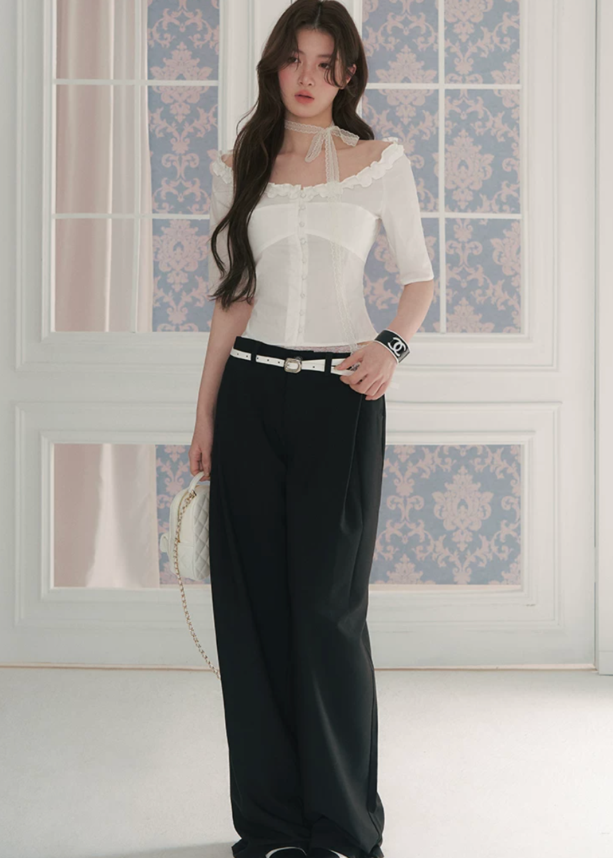 off shoulder blouse, ruffle trim blouse, feminine Korean top, court style blouse, waist cinching blouse, romantic summer top, light blue blouse, vintage inspired blouse, button front top, elegant off shoulder shirt, cotton blend blouse, Korean fashion top, dressy summer blouse, soft girl blouse, LaLuneDuCiel style top