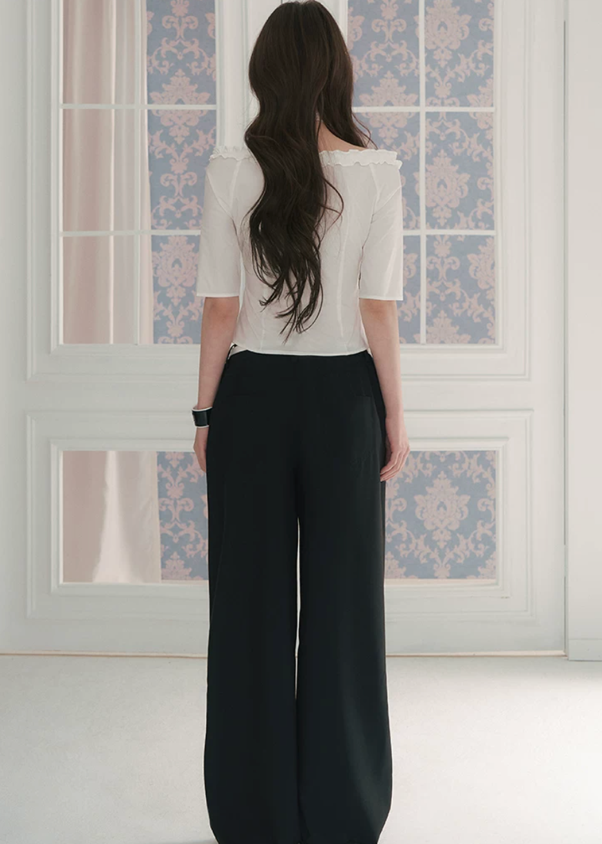off shoulder blouse, ruffle trim blouse, feminine Korean top, court style blouse, waist cinching blouse, romantic summer top, light blue blouse, vintage inspired blouse, button front top, elegant off shoulder shirt, cotton blend blouse, Korean fashion top, dressy summer blouse, soft girl blouse, LaLuneDuCiel style top