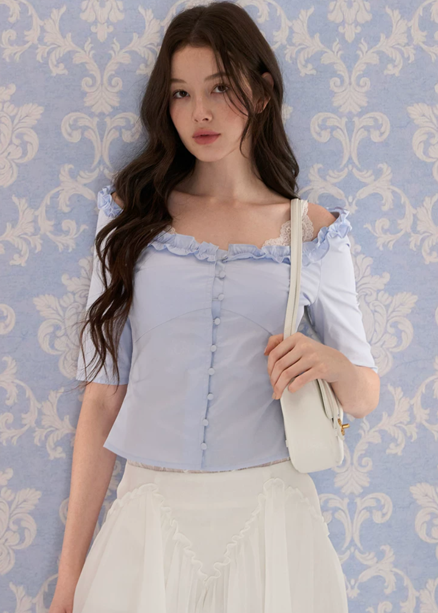 off shoulder blouse, ruffle trim blouse, feminine Korean top, court style blouse, waist cinching blouse, romantic summer top, light blue blouse, vintage inspired blouse, button front top, elegant off shoulder shirt, cotton blend blouse, Korean fashion top, dressy summer blouse, soft girl blouse, LaLuneDuCiel style top