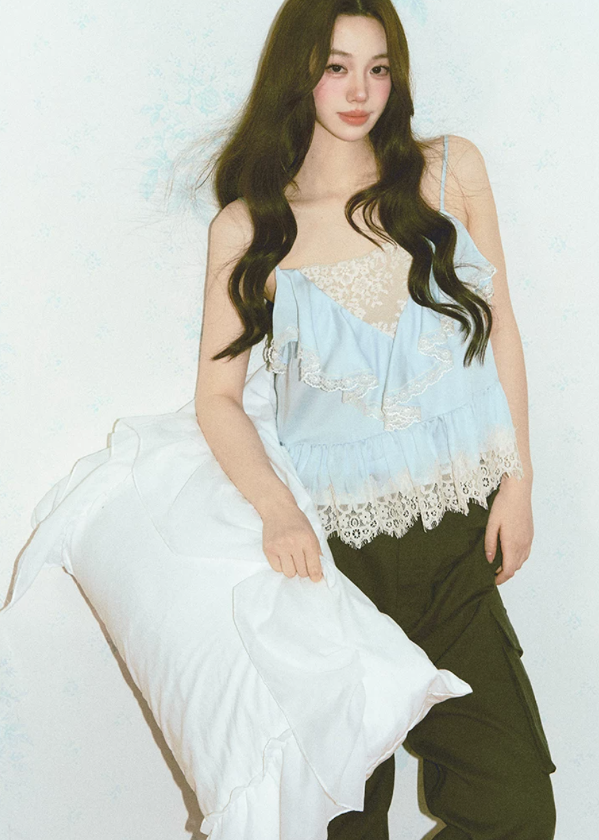 lace satin camisole, lyocell camisole top, blue camisole top, feminine lace cami, Korean style camisole, romantic satin top, lace trim cami, soft blue top, summer camisole women, first love outfit top, satin lace top women, elegant camisole top, lightweight lyocell top, feminine Korean fashion top, date outfit camisole