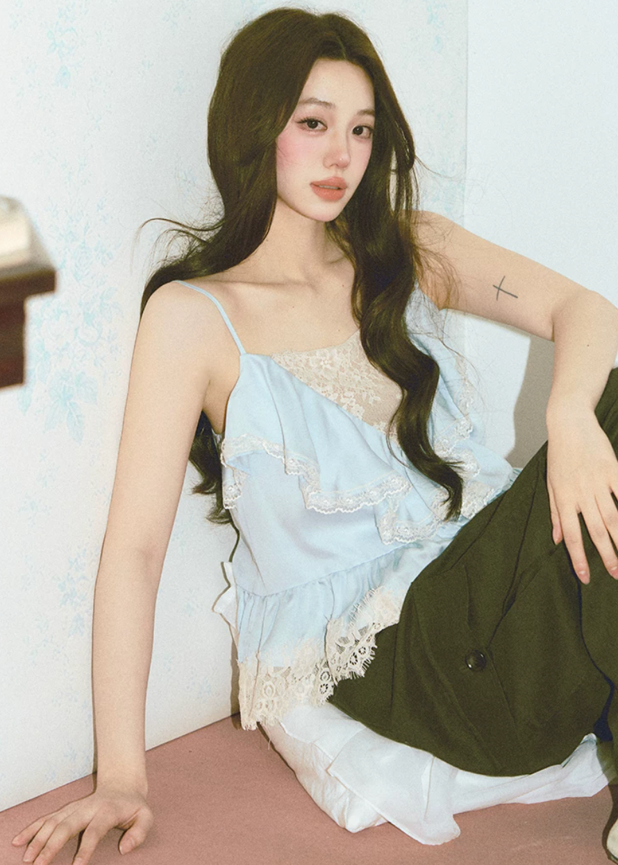 lace satin camisole, lyocell camisole top, blue camisole top, feminine lace cami, Korean style camisole, romantic satin top, lace trim cami, soft blue top, summer camisole women, first love outfit top, satin lace top women, elegant camisole top, lightweight lyocell top, feminine Korean fashion top, date outfit camisole