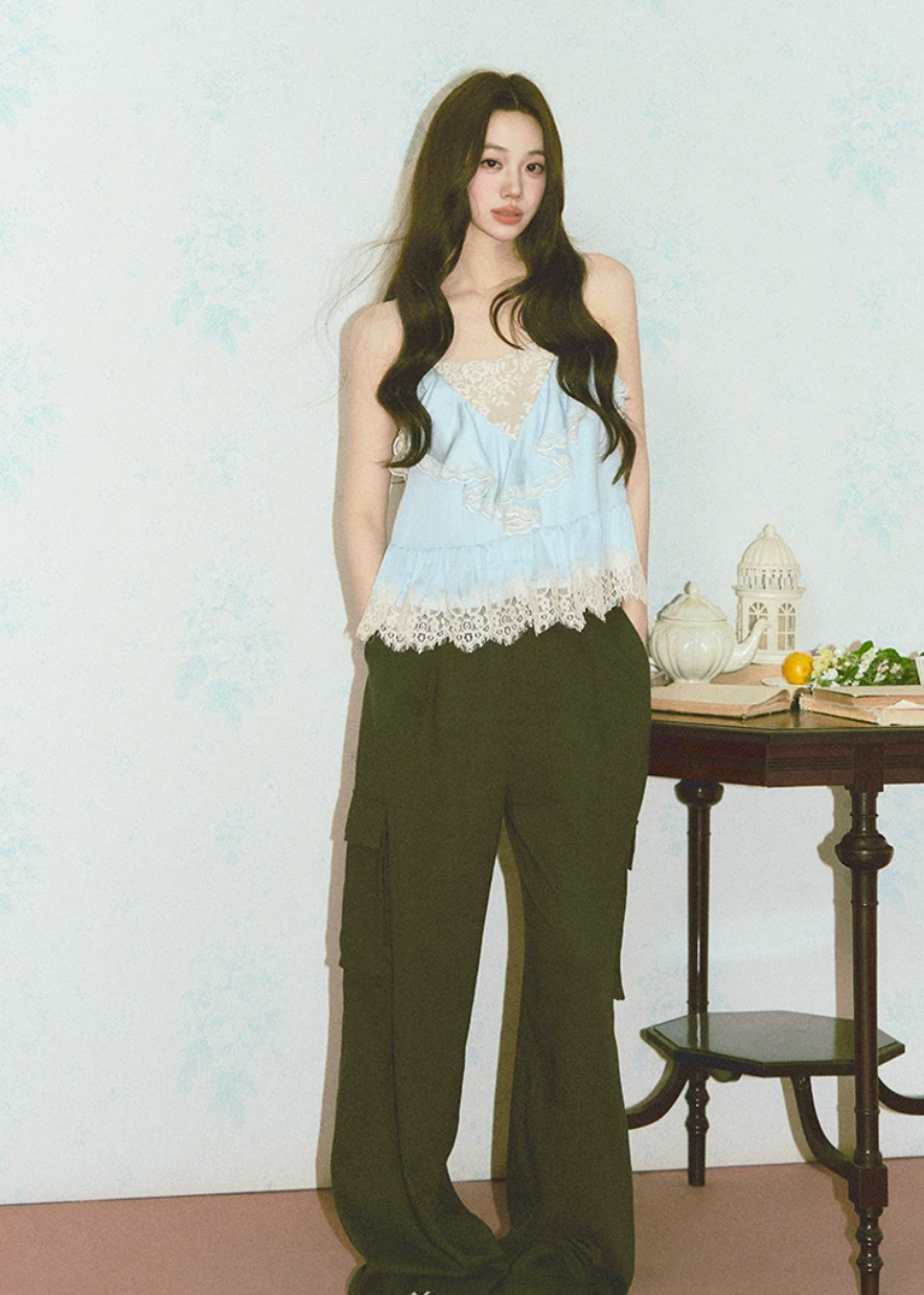 lace satin camisole, lyocell camisole top, blue camisole top, feminine lace cami, Korean style camisole, romantic satin top, lace trim cami, soft blue top, summer camisole women, first love outfit top, satin lace top women, elegant camisole top, lightweight lyocell top, feminine Korean fashion top, date outfit camisole