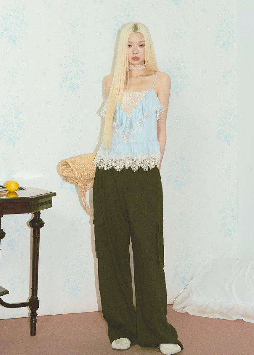 lace satin camisole, lyocell camisole top, blue camisole top, feminine lace cami, Korean style camisole, romantic satin top, lace trim cami, soft blue top, summer camisole women, first love outfit top, satin lace top women, elegant camisole top, lightweight lyocell top, feminine Korean fashion top, date outfit camisole