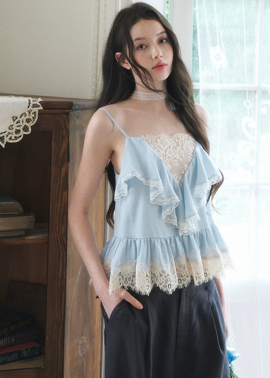 lace satin camisole, lyocell camisole top, blue camisole top, feminine lace cami, Korean style camisole, romantic satin top, lace trim cami, soft blue top, summer camisole women, first love outfit top, satin lace top women, elegant camisole top, lightweight lyocell top, feminine Korean fashion top, date outfit camisole