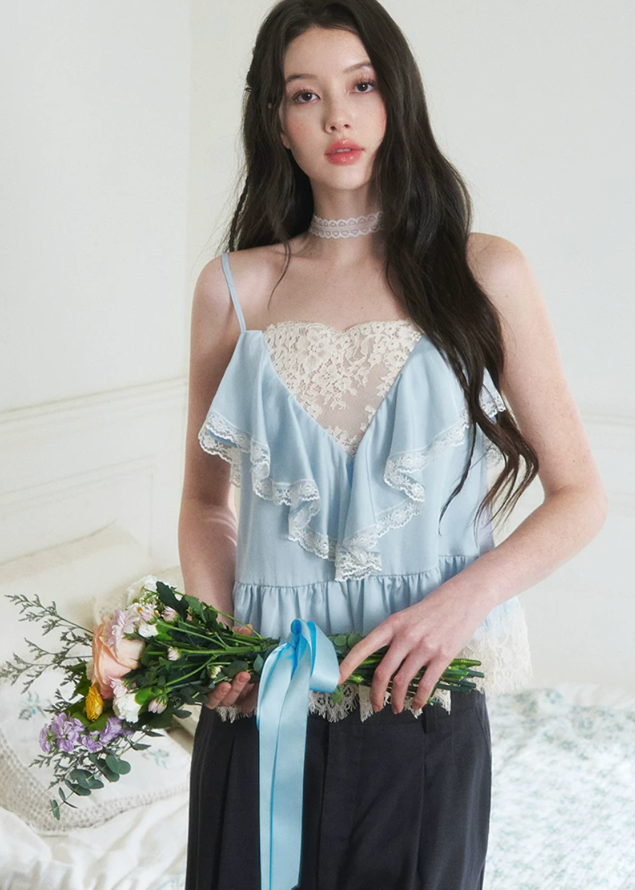 lace satin camisole, lyocell camisole top, blue camisole top, feminine lace cami, Korean style camisole, romantic satin top, lace trim cami, soft blue top, summer camisole women, first love outfit top, satin lace top women, elegant camisole top, lightweight lyocell top, feminine Korean fashion top, date outfit camisole