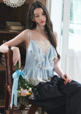 lace satin camisole, lyocell camisole top, blue camisole top, feminine lace cami, Korean style camisole, romantic satin top, lace trim cami, soft blue top, summer camisole women, first love outfit top, satin lace top women, elegant camisole top, lightweight lyocell top, feminine Korean fashion top, date outfit camisole