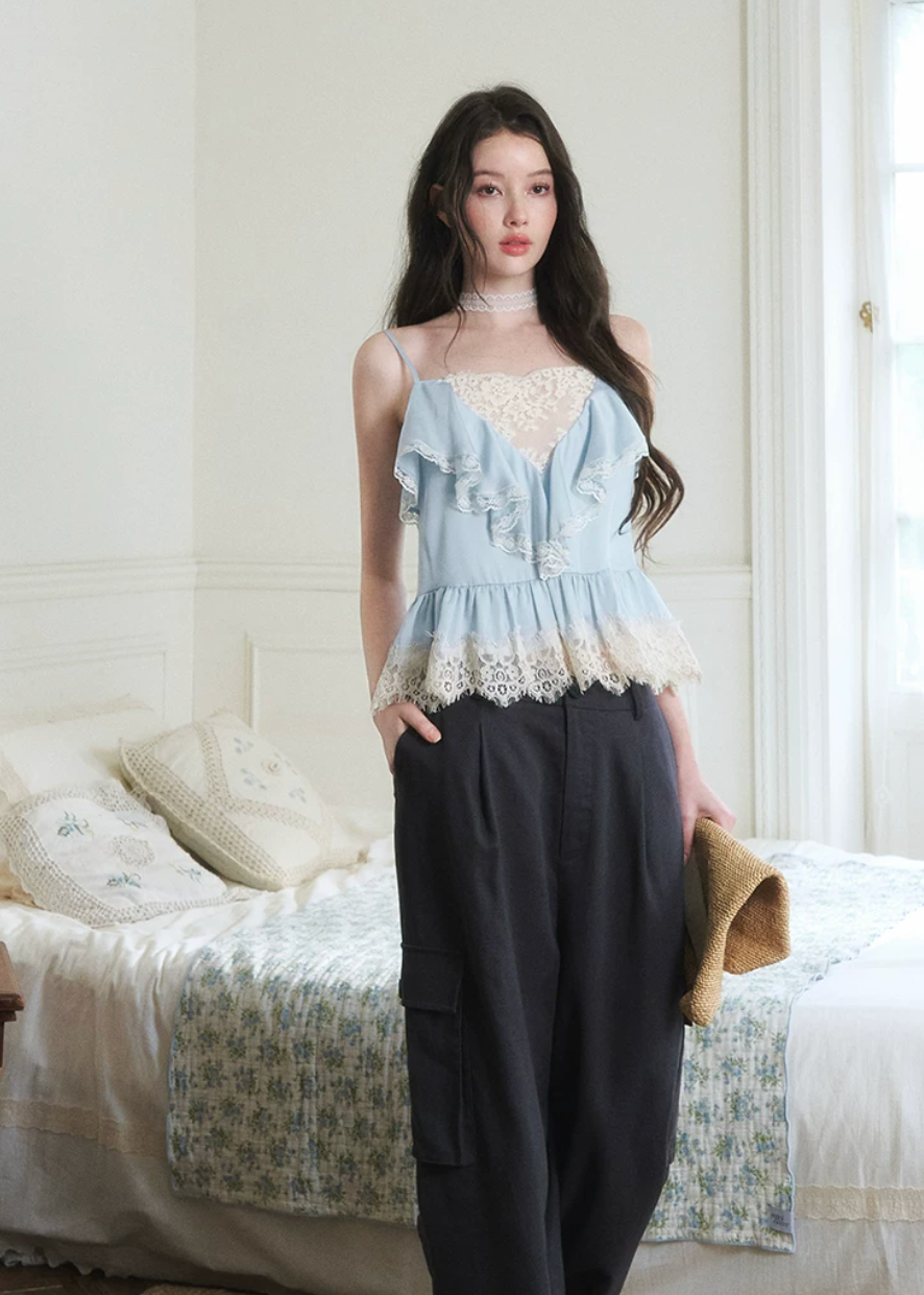 lace satin camisole, lyocell camisole top, blue camisole top, feminine lace cami, Korean style camisole, romantic satin top, lace trim cami, soft blue top, summer camisole women, first love outfit top, satin lace top women, elegant camisole top, lightweight lyocell top, feminine Korean fashion top, date outfit camisole