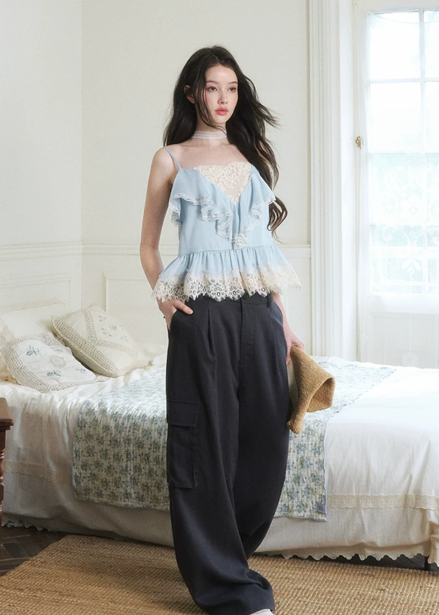 lace satin camisole, lyocell camisole top, blue camisole top, feminine lace cami, Korean style camisole, romantic satin top, lace trim cami, soft blue top, summer camisole women, first love outfit top, satin lace top women, elegant camisole top, lightweight lyocell top, feminine Korean fashion top, date outfit camisole