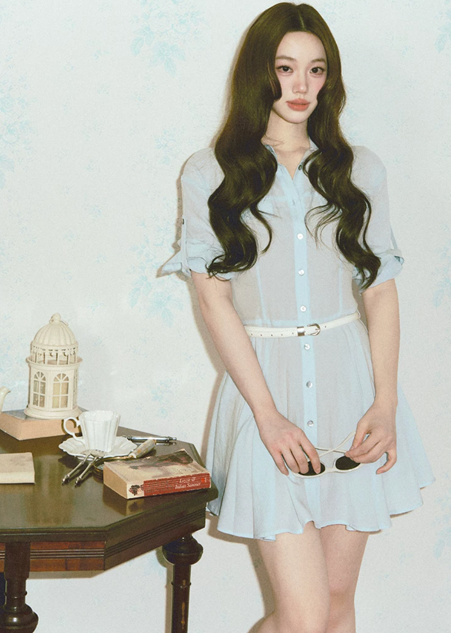 belted shirt dress, French shirt dress, lyocell linen dress, A-line mini dress, feminine Korean dress, button front dress, summer shirt dress, light blue dress, white shirt dress, waist cinching dress, elegant casual dress, vacation dress women, café date dress, soft summer dress, Korean feminine fashion