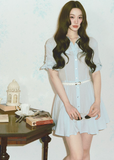 belted shirt dress, French shirt dress, lyocell linen dress, A-line mini dress, feminine Korean dress, button front dress, summer shirt dress, light blue dress, white shirt dress, waist cinching dress, elegant casual dress, vacation dress women, café date dress, soft summer dress, Korean feminine fashion