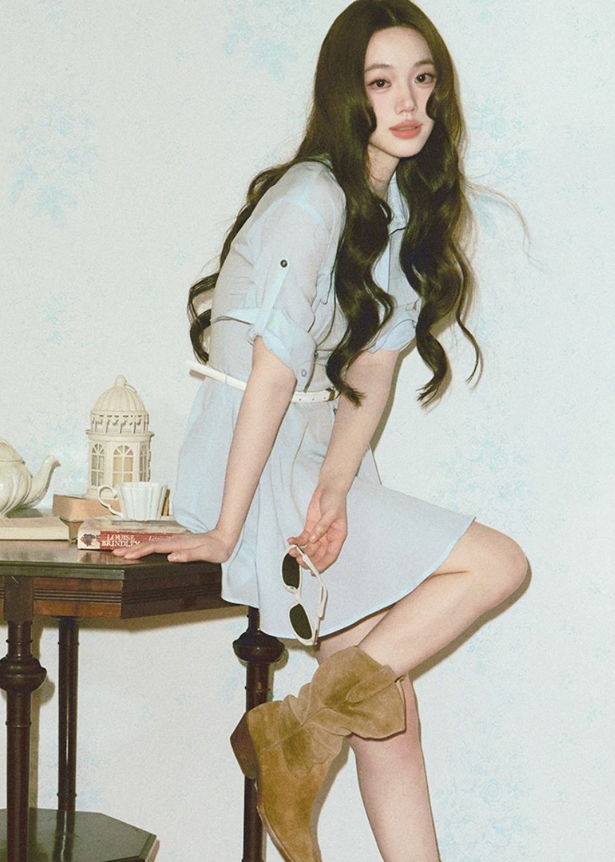 belted shirt dress, French shirt dress, lyocell linen dress, A-line mini dress, feminine Korean dress, button front dress, summer shirt dress, light blue dress, white shirt dress, waist cinching dress, elegant casual dress, vacation dress women, café date dress, soft summer dress, Korean feminine fashion