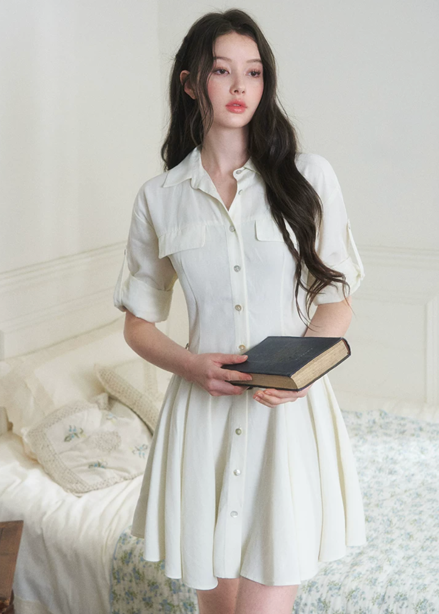 belted shirt dress, French shirt dress, lyocell linen dress, A-line mini dress, feminine Korean dress, button front dress, summer shirt dress, light blue dress, white shirt dress, waist cinching dress, elegant casual dress, vacation dress women, café date dress, soft summer dress, Korean feminine fashion