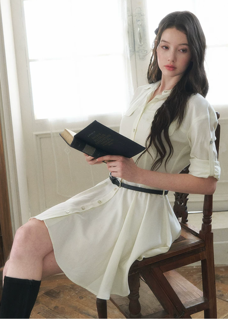 belted shirt dress, French shirt dress, lyocell linen dress, A-line mini dress, feminine Korean dress, button front dress, summer shirt dress, light blue dress, white shirt dress, waist cinching dress, elegant casual dress, vacation dress women, café date dress, soft summer dress, Korean feminine fashion