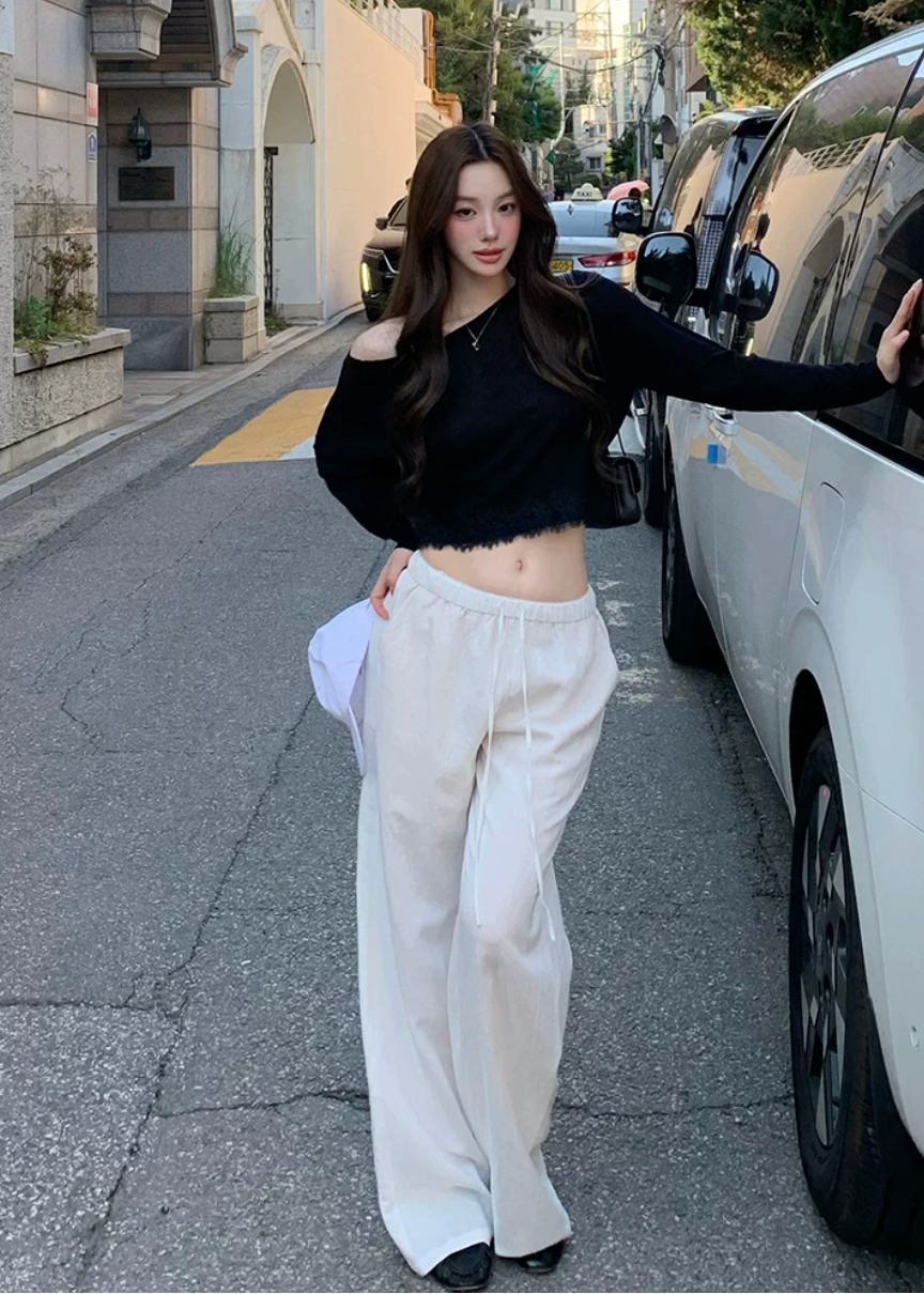 white wide leg pants, drawstring pants women, straight leg pants women, lyocell linen pants, relaxed commuter pants, white casual trousers, draped wide leg pants, summer white pants, feminine Korean fashion pants, minimal wide leg trousers, vacation outfit pants, soft lounge pants women, full length white pants, relaxed fit trousers, elegant casual pants