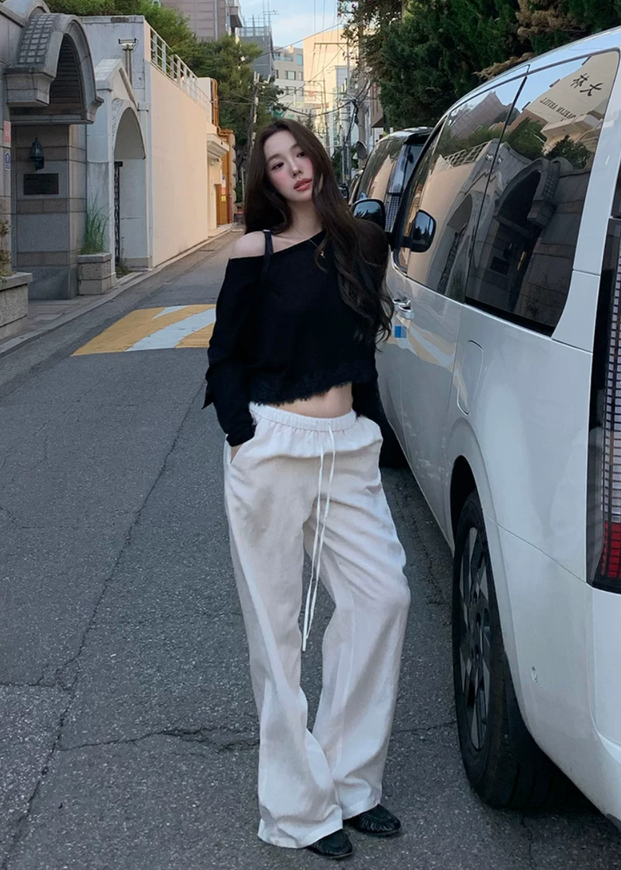 white wide leg pants, drawstring pants women, straight leg pants women, lyocell linen pants, relaxed commuter pants, white casual trousers, draped wide leg pants, summer white pants, feminine Korean fashion pants, minimal wide leg trousers, vacation outfit pants, soft lounge pants women, full length white pants, relaxed fit trousers, elegant casual pants