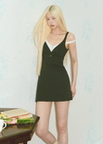 lace trim strap dress, fake two piece dress, slimming mini dress, Korean feminine dress, olive green mini dress, navy strap dress, summer mini dress, hollow lace dress, feminine vacation dress, slim fit dress, romantic Korean fashion, casual summer dress, lace neckline dress, date outfit dress, soft V neck mini dress