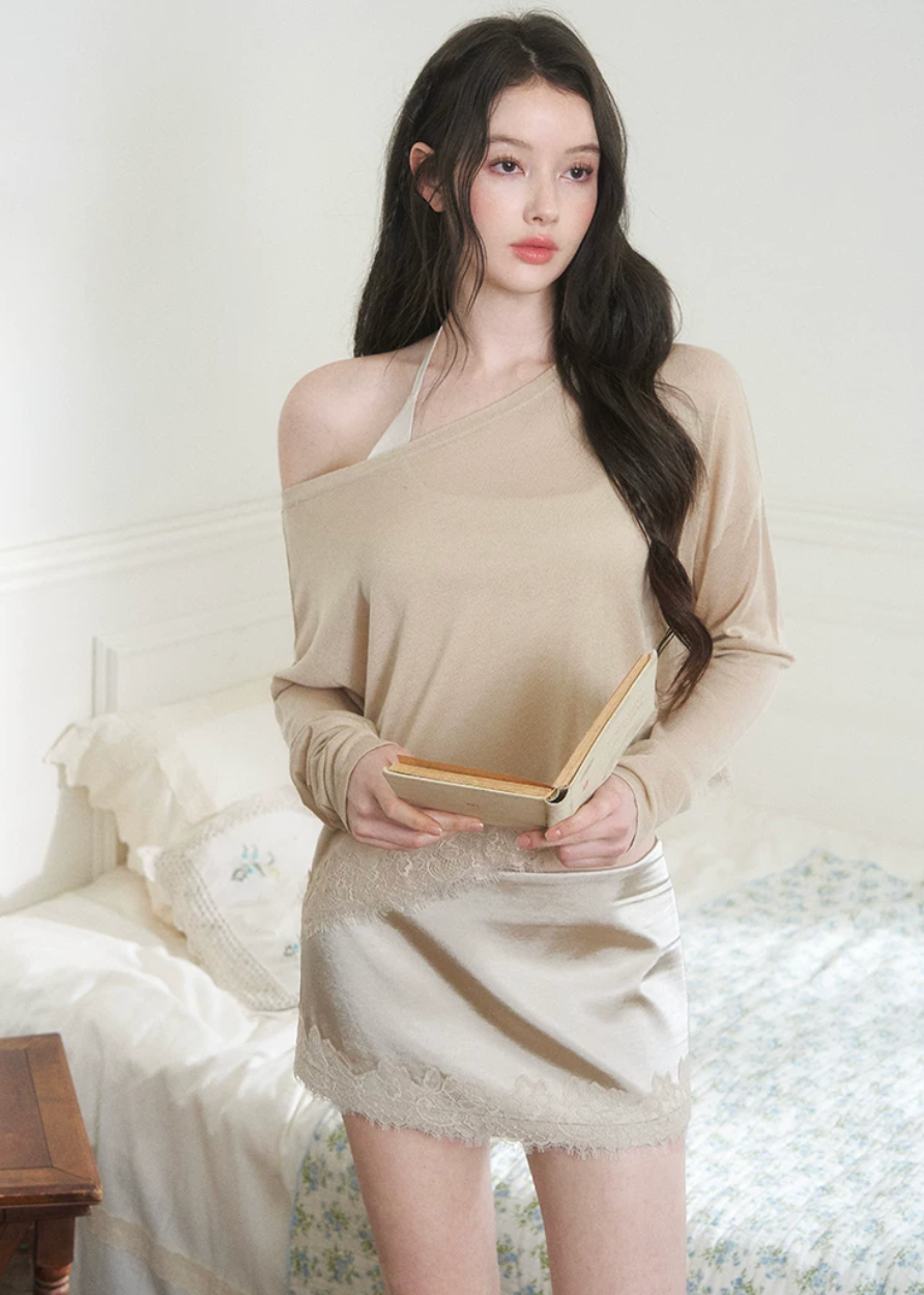halter cardigan skirt set, three piece skirt set, asymmetrical cardigan set, Korean feminine set, bodycon mini skirt set, beige summer outfit, romantic cardigan set, camisole skirt set, feminine vacation outfit, date night outfit women, soft draped cardigan, elegant Korean fashion, summer matching set, halter camisole set, mini skirt co ord