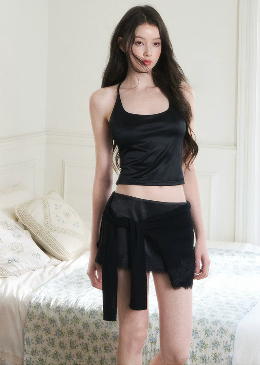 halter cardigan skirt set, three piece skirt set, asymmetrical cardigan set, Korean feminine set, bodycon mini skirt set, beige summer outfit, romantic cardigan set, camisole skirt set, feminine vacation outfit, date night outfit women, soft draped cardigan, elegant Korean fashion, summer matching set, halter camisole set, mini skirt co ord