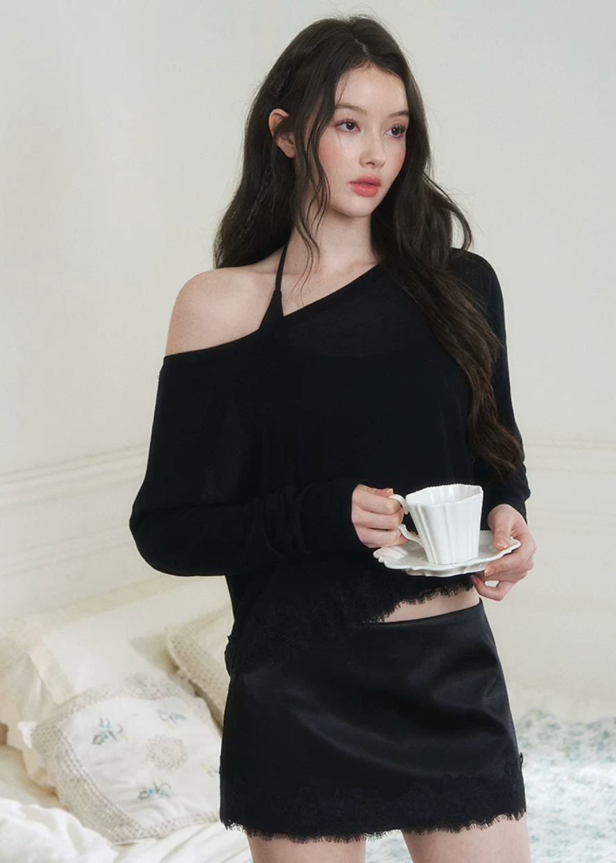 halter cardigan skirt set, three piece skirt set, asymmetrical cardigan set, Korean feminine set, bodycon mini skirt set, beige summer outfit, romantic cardigan set, camisole skirt set, feminine vacation outfit, date night outfit women, soft draped cardigan, elegant Korean fashion, summer matching set, halter camisole set, mini skirt co ord