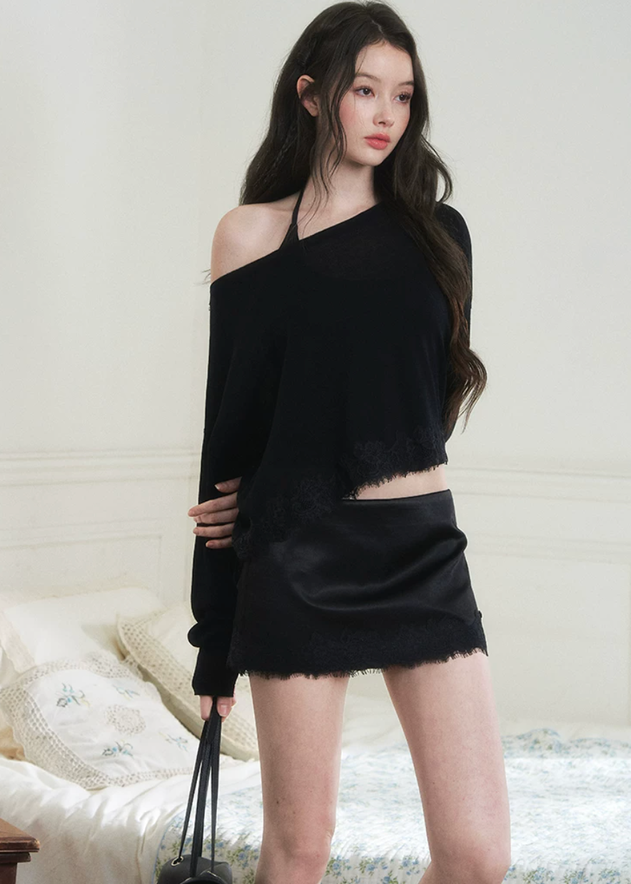 halter cardigan skirt set, three piece skirt set, asymmetrical cardigan set, Korean feminine set, bodycon mini skirt set, beige summer outfit, romantic cardigan set, camisole skirt set, feminine vacation outfit, date night outfit women, soft draped cardigan, elegant Korean fashion, summer matching set, halter camisole set, mini skirt co ord