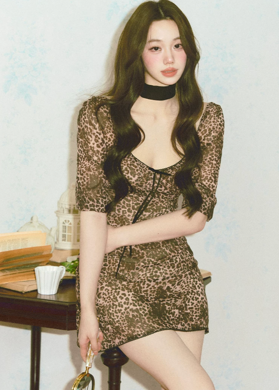 leopard print mini dress, backless mini dress, square neck dress, puff sleeve leopard dress, Korean feminine dress, bubble mini dress, statement summer dress, date night dress, feminine leopard dress, sensual mini dress, romantic animal print dress, waist cinching dress, vacation mini dress, city outfit dress, LaLuneDuCiel style dress