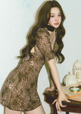 leopard print mini dress, backless mini dress, square neck dress, puff sleeve leopard dress, Korean feminine dress, bubble mini dress, statement summer dress, date night dress, feminine leopard dress, sensual mini dress, romantic animal print dress, waist cinching dress, vacation mini dress, city outfit dress, LaLuneDuCiel style dress