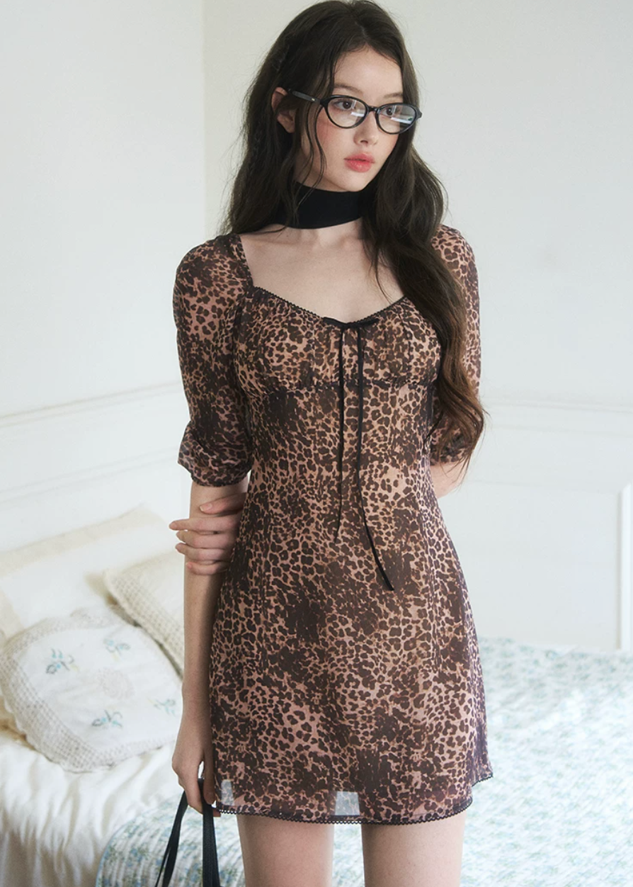 leopard print mini dress, backless mini dress, square neck dress, puff sleeve leopard dress, Korean feminine dress, bubble mini dress, statement summer dress, date night dress, feminine leopard dress, sensual mini dress, romantic animal print dress, waist cinching dress, vacation mini dress, city outfit dress, LaLuneDuCiel style dress