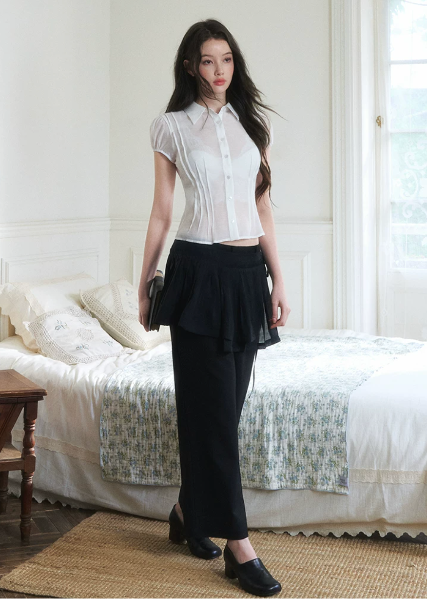 sheer button shirt, bubble sleeve blouse, slim fit sheer top, Korean feminine blouse, short sleeve sheer shirt, romantic button blouse, lightweight summer blouse, viscose lyocell top, soft sheer blouse, feminine office top, café date outfit top, pure desire shirt, elegant casual blouse, translucent shirt women, Korean style summer top