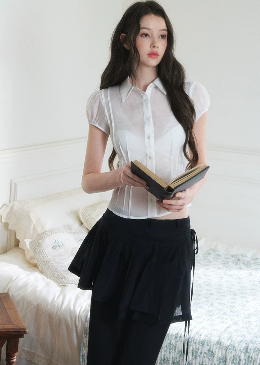 sheer button shirt, bubble sleeve blouse, slim fit sheer top, Korean feminine blouse, short sleeve sheer shirt, romantic button blouse, lightweight summer blouse, viscose lyocell top, soft sheer blouse, feminine office top, café date outfit top, pure desire shirt, elegant casual blouse, translucent shirt women, Korean style summer top