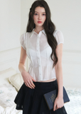 sheer button shirt, bubble sleeve blouse, slim fit sheer top, Korean feminine blouse, short sleeve sheer shirt, romantic button blouse, lightweight summer blouse, viscose lyocell top, soft sheer blouse, feminine office top, café date outfit top, pure desire shirt, elegant casual blouse, translucent shirt women, Korean style summer top