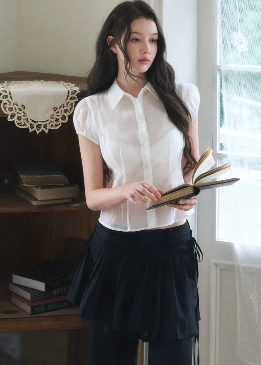 sheer button shirt, bubble sleeve blouse, slim fit sheer top, Korean feminine blouse, short sleeve sheer shirt, romantic button blouse, lightweight summer blouse, viscose lyocell top, soft sheer blouse, feminine office top, café date outfit top, pure desire shirt, elegant casual blouse, translucent shirt women, Korean style summer top