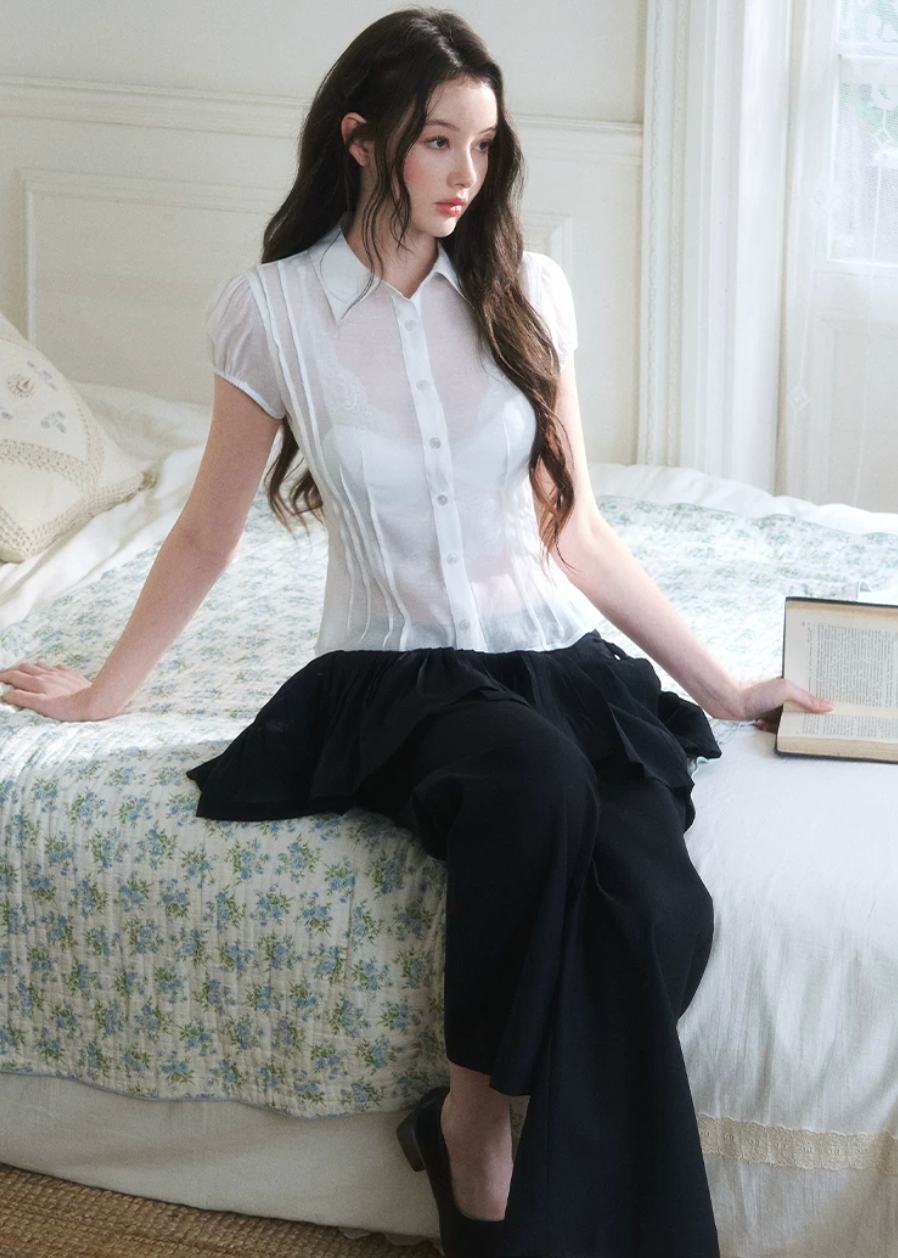 sheer button shirt, bubble sleeve blouse, slim fit sheer top, Korean feminine blouse, short sleeve sheer shirt, romantic button blouse, lightweight summer blouse, viscose lyocell top, soft sheer blouse, feminine office top, café date outfit top, pure desire shirt, elegant casual blouse, translucent shirt women, Korean style summer top