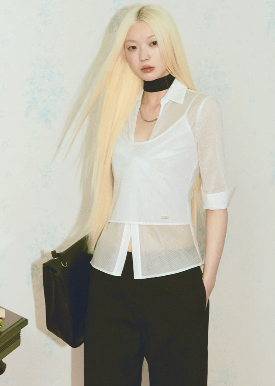 sheer shirt set, camisole shirt set, Korean feminine top, French sheer top, white layered top, striped sheer blouse, two piece summer top, collared sheer shirt, camisole strap top, pure desire top, feminine Korean fashion, lightweight cotton blend top, summer layering blouse, soft white blouse set, vacation outfit top