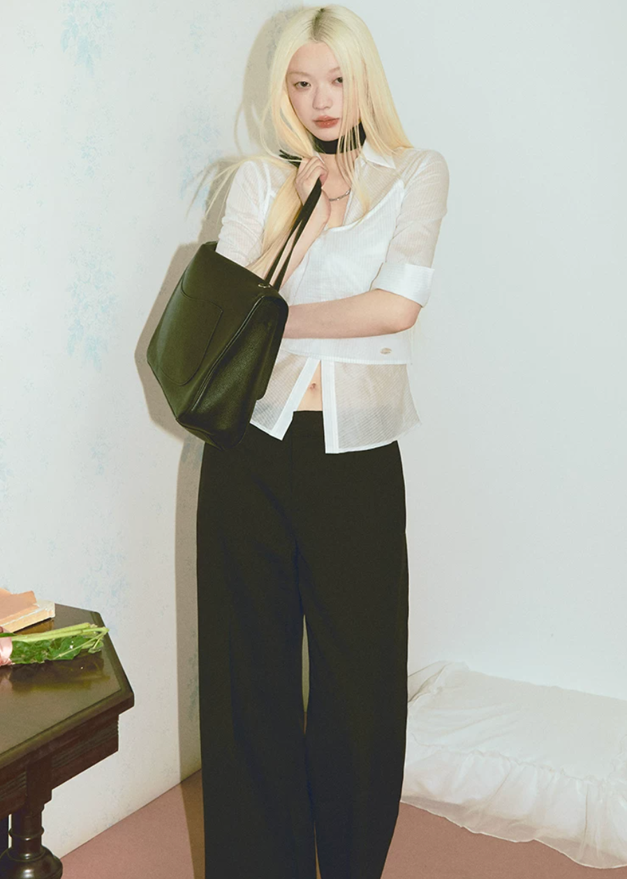 sheer shirt set, camisole shirt set, Korean feminine top, French sheer top, white layered top, striped sheer blouse, two piece summer top, collared sheer shirt, camisole strap top, pure desire top, feminine Korean fashion, lightweight cotton blend top, summer layering blouse, soft white blouse set, vacation outfit top