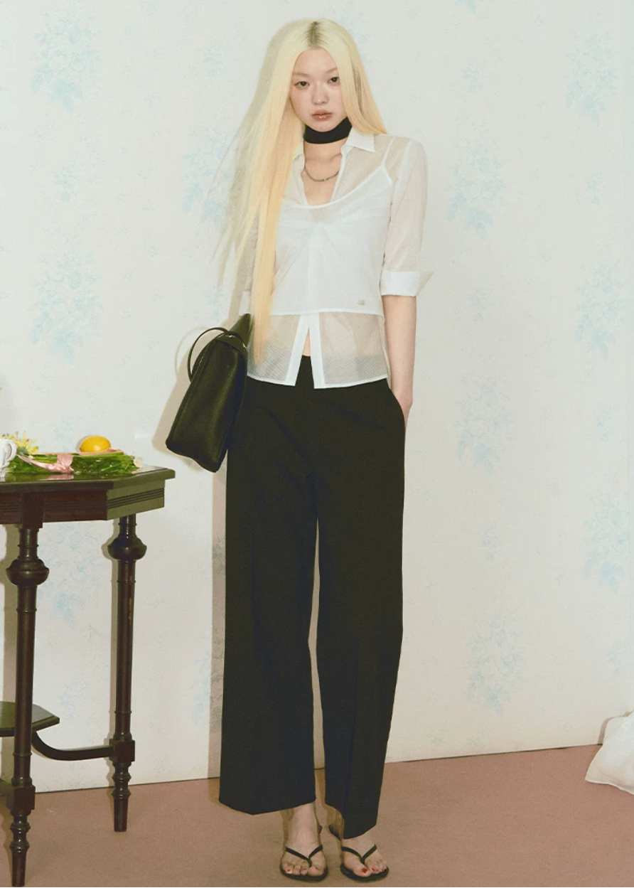 sheer shirt set, camisole shirt set, Korean feminine top, French sheer top, white layered top, striped sheer blouse, two piece summer top, collared sheer shirt, camisole strap top, pure desire top, feminine Korean fashion, lightweight cotton blend top, summer layering blouse, soft white blouse set, vacation outfit top
