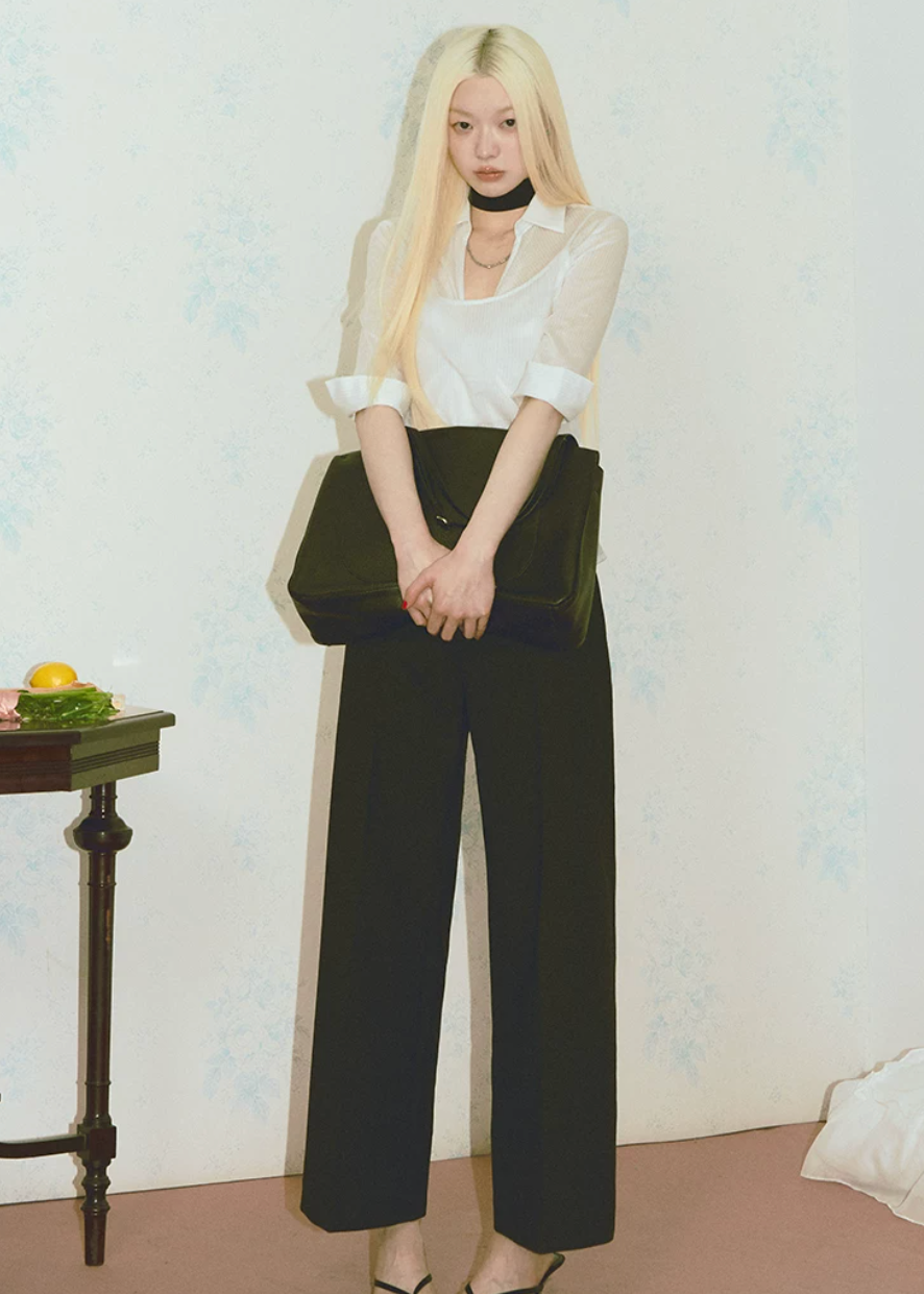 sheer shirt set, camisole shirt set, Korean feminine top, French sheer top, white layered top, striped sheer blouse, two piece summer top, collared sheer shirt, camisole strap top, pure desire top, feminine Korean fashion, lightweight cotton blend top, summer layering blouse, soft white blouse set, vacation outfit top