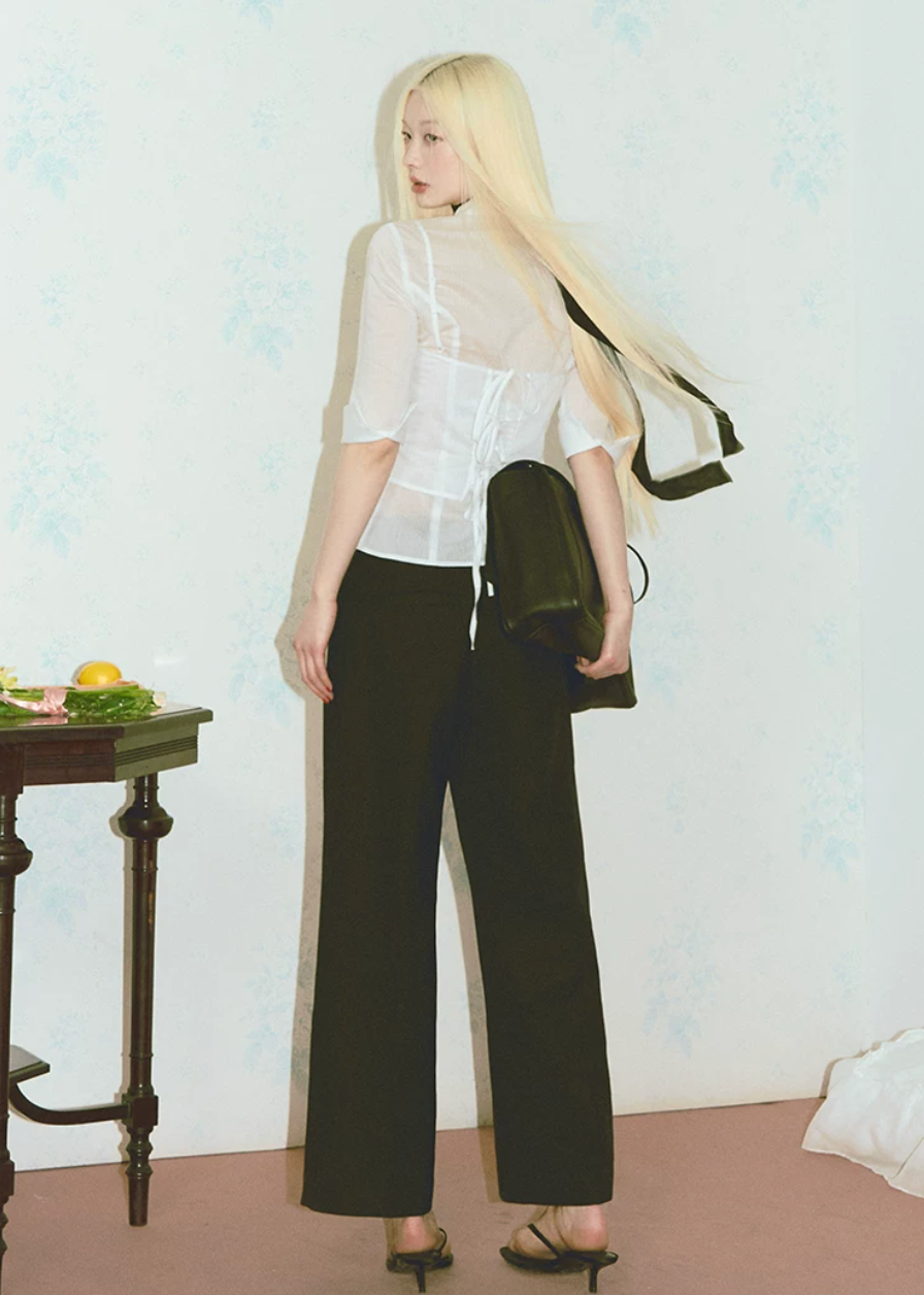 sheer shirt set, camisole shirt set, Korean feminine top, French sheer top, white layered top, striped sheer blouse, two piece summer top, collared sheer shirt, camisole strap top, pure desire top, feminine Korean fashion, lightweight cotton blend top, summer layering blouse, soft white blouse set, vacation outfit top