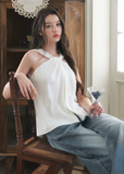 halter top, white halter top, loose sleeveless top, feminine summer top, Korean style top, soft drape top, elegant halter blouse, lyocell summer top, airy sleeveless blouse, romantic white top, vacation outfit top, minimal feminine top, relaxed halter blouse, chic summer top, women’s halter sleeveless top