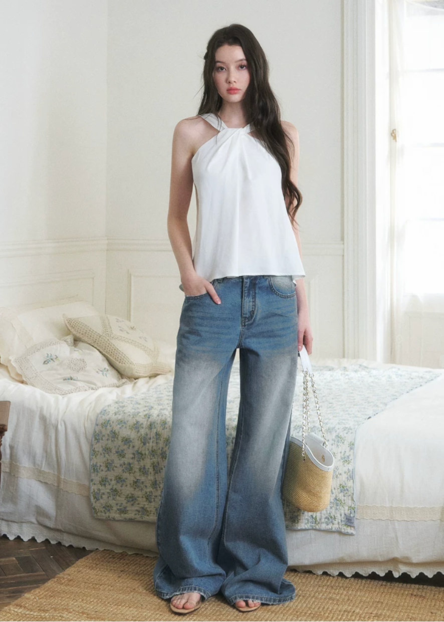 halter top, white halter top, loose sleeveless top, feminine summer top, Korean style top, soft drape top, elegant halter blouse, lyocell summer top, airy sleeveless blouse, romantic white top, vacation outfit top, minimal feminine top, relaxed halter blouse, chic summer top, women’s halter sleeveless top