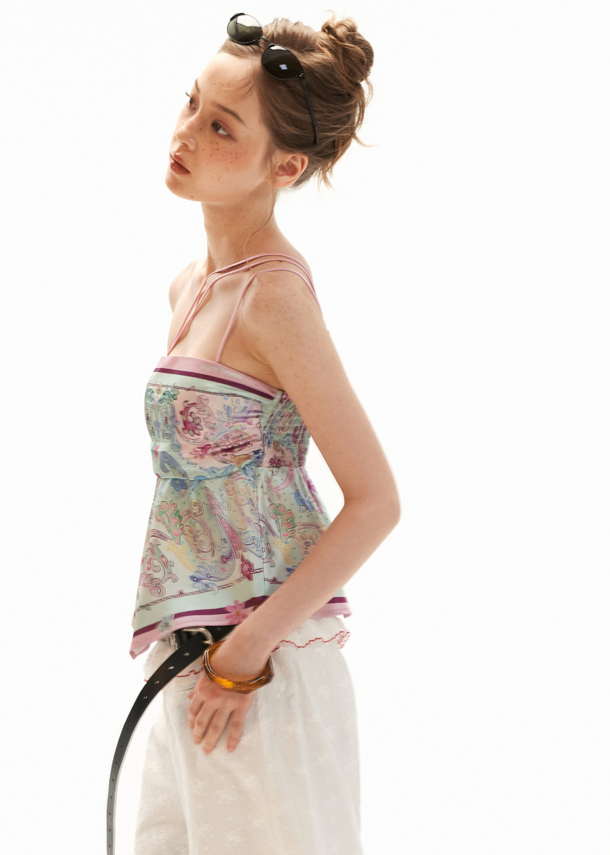 Y2K floral cami styled with lace shorts