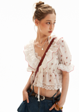 White floral dot ruffle blouse with puff sleeves