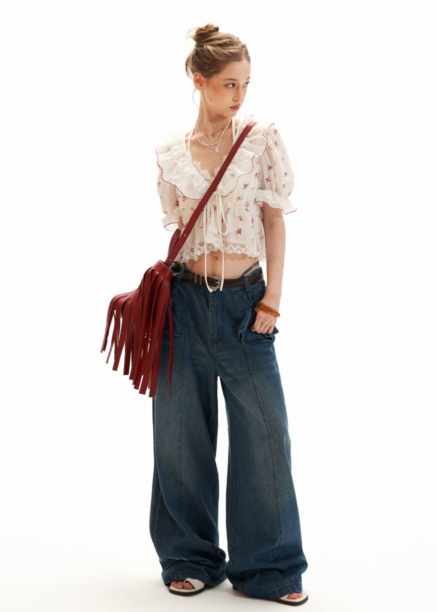Tie-front puff sleeve top with soft floral print