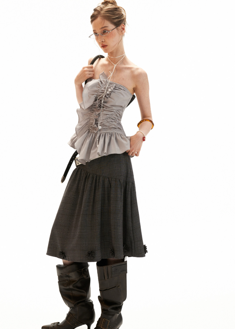 Ruched grey tube top with Y2K styling