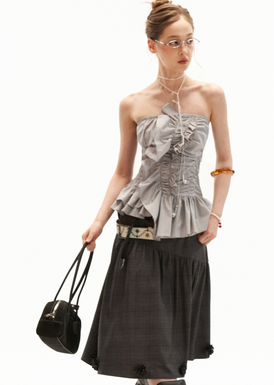 Ruched grey tube top with Y2K styling