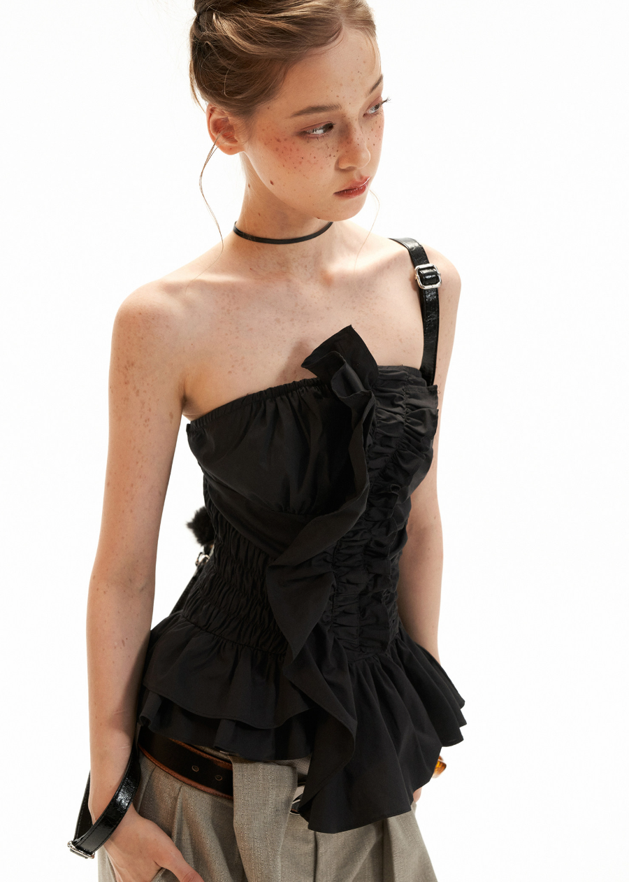 Grey fitted tube top with gathered front design