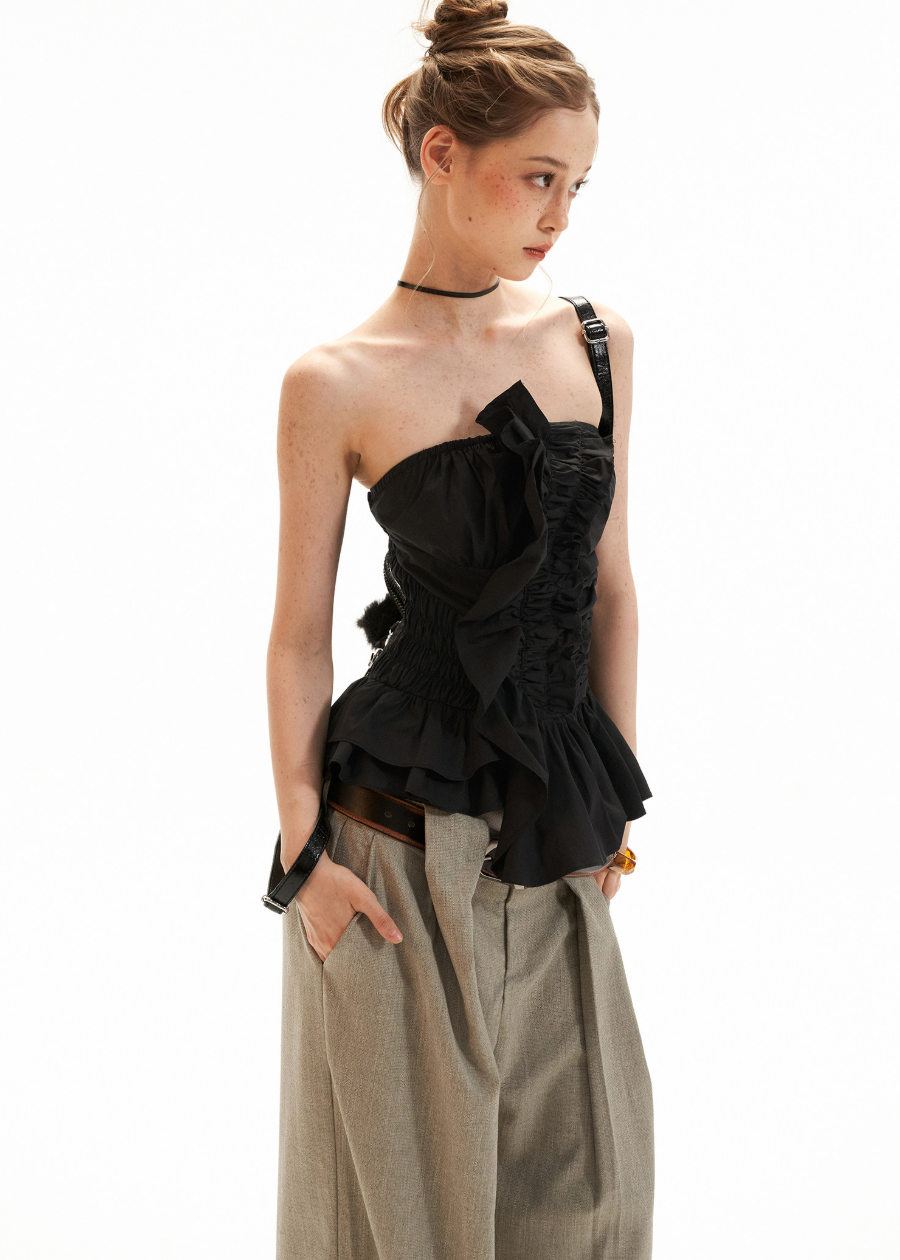 Grey fitted tube top with gathered front design