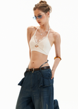 Cropped white halter cami with front cutout detail