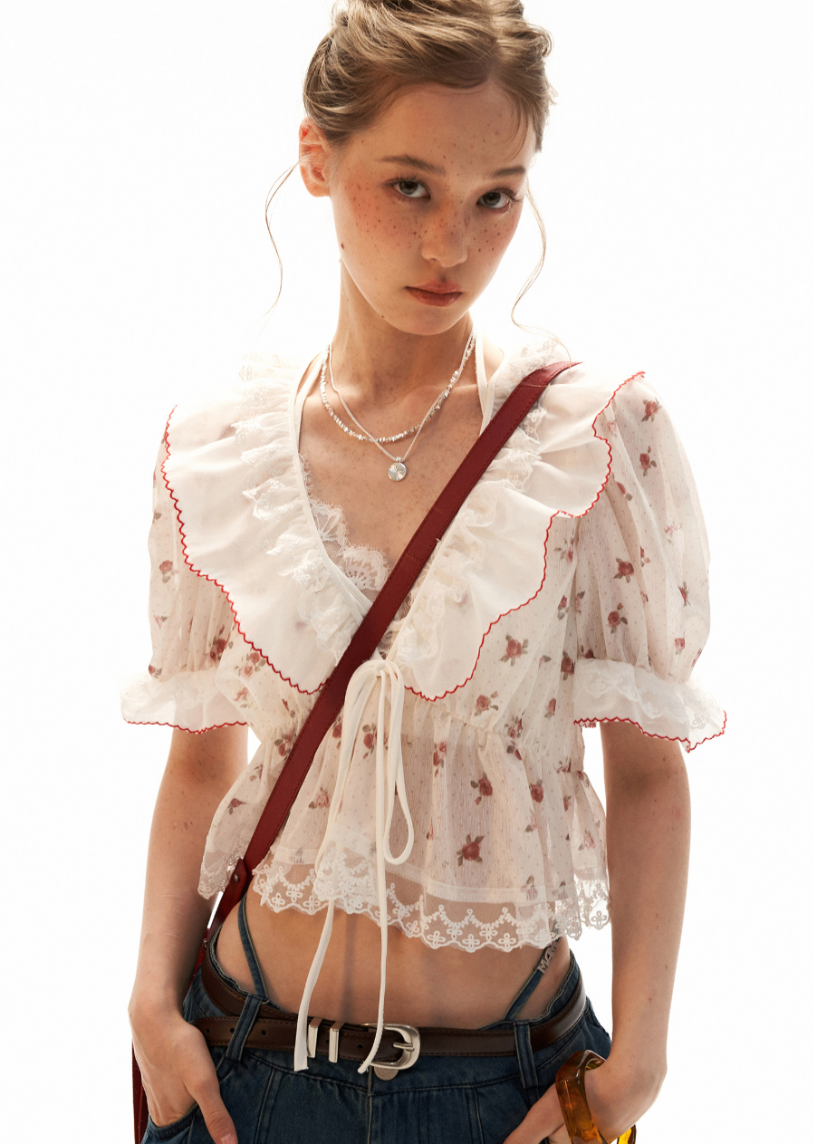Halter crop top with delicate lace trim